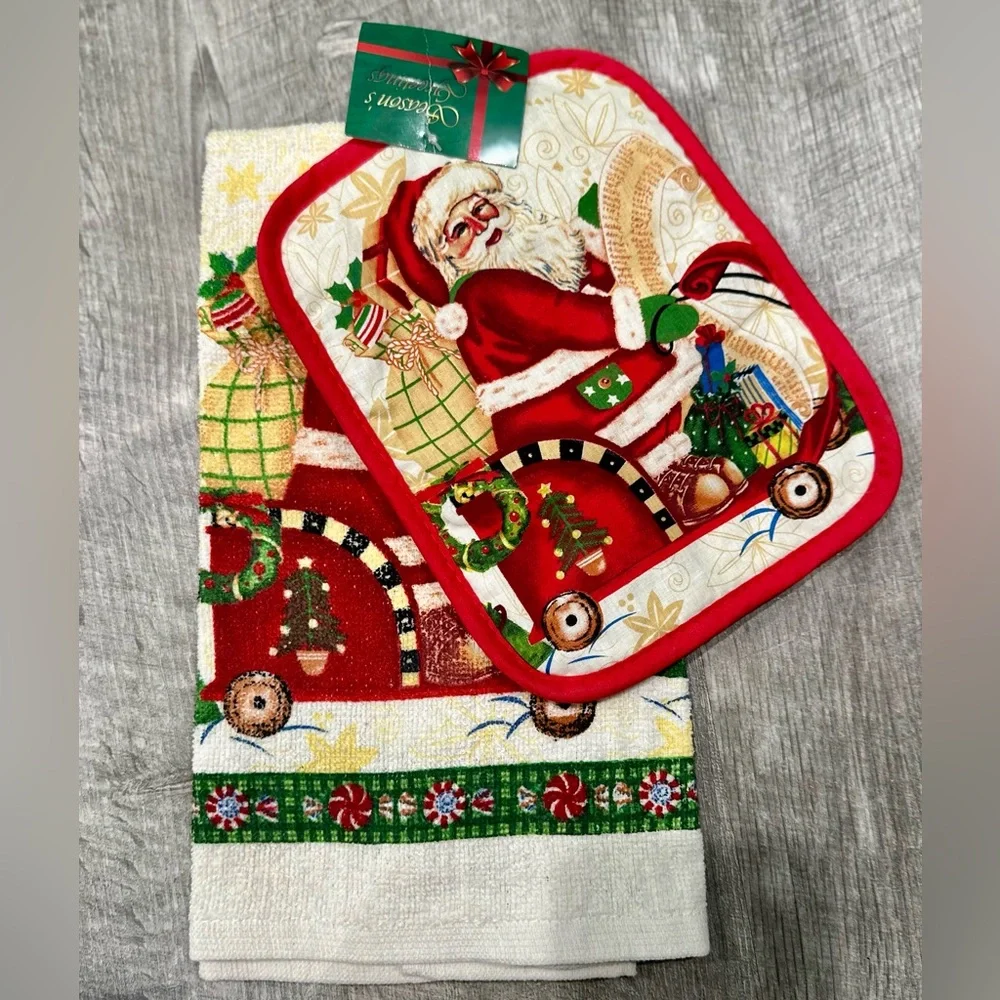 Christmas Pot Holder & Kitchen Towel Set Santa NWT